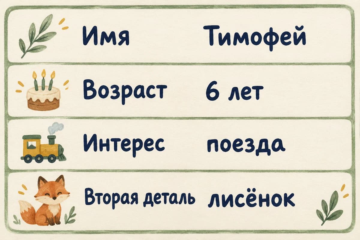 Авторская карточка героя: Тимофей, 6 лет, поезда и лисёнок